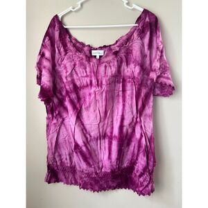 Y2K Fashion Bug Tie Dye Boho Lace Trim Off Shoulder Top Women's Plus 1X Fairy